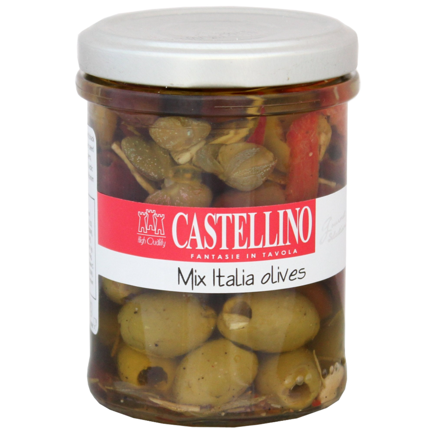 A jar of mixed Italian olives with a white label that has 'CASTELLINO MIXED ITALIAN OLives' printed on it. The olives are visible through the clear glass jar, showing their various colors and textures.