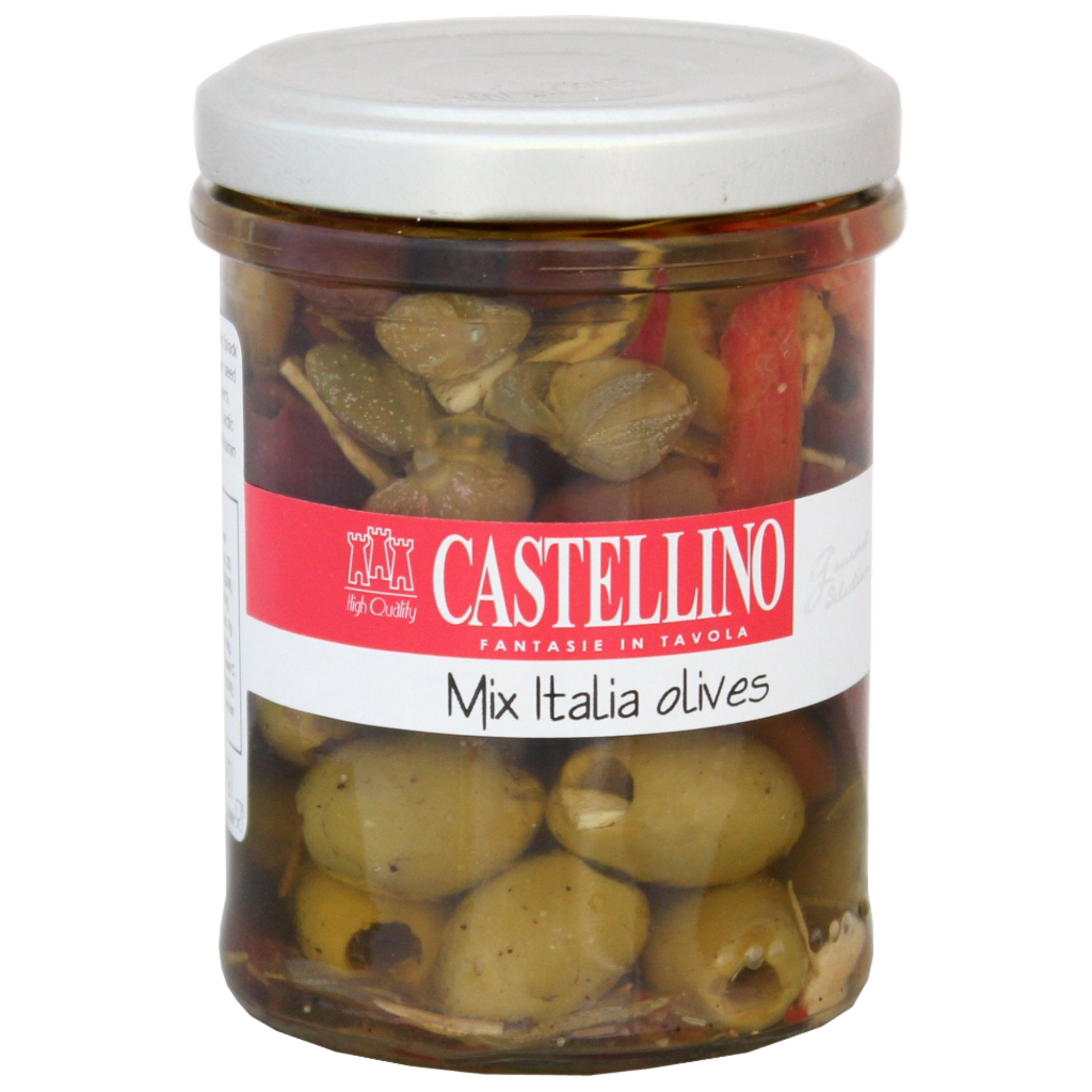 A jar of mixed Italian olives with a white label that has 'CASTELLINO MIXED ITALIAN OLives' printed on it. The olives are visible through the clear glass jar, showing their various colors and textures.