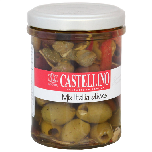 A jar of mixed Italian olives with a white label that has 'CASTELLINO MIXED ITALIAN OLives' printed on it. The olives are visible through the clear glass jar, showing their various colors and textures.