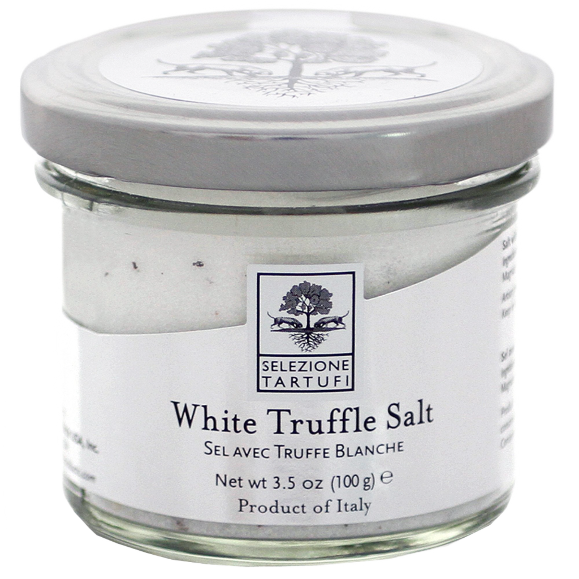 A glass jar containing white truffle salt with a label indicating 'Selezione Tartufi White Truffle Salt' and a weight indication of 2.5% truffle.
