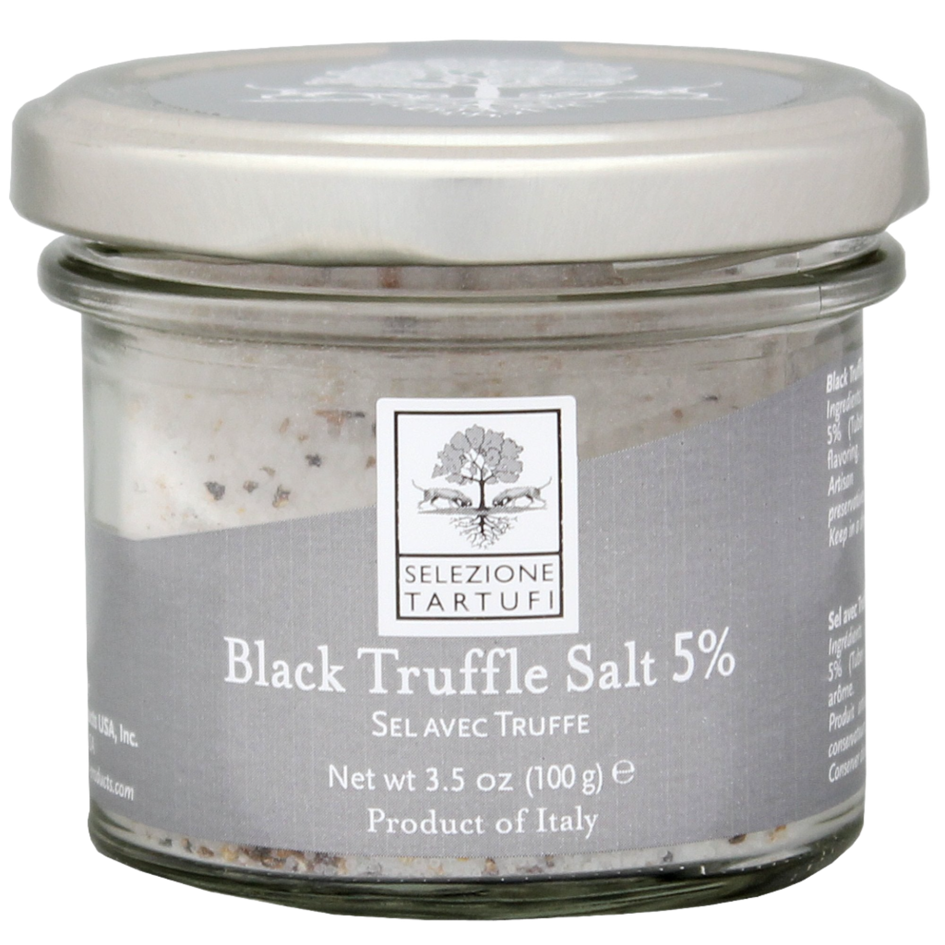 A glass jar containing black truffle salt with a label indicating 'Black Truffle Salt 5% Truffle', product weight of 3.5oz (100gm), and 'Selezione Tartufi' branding.