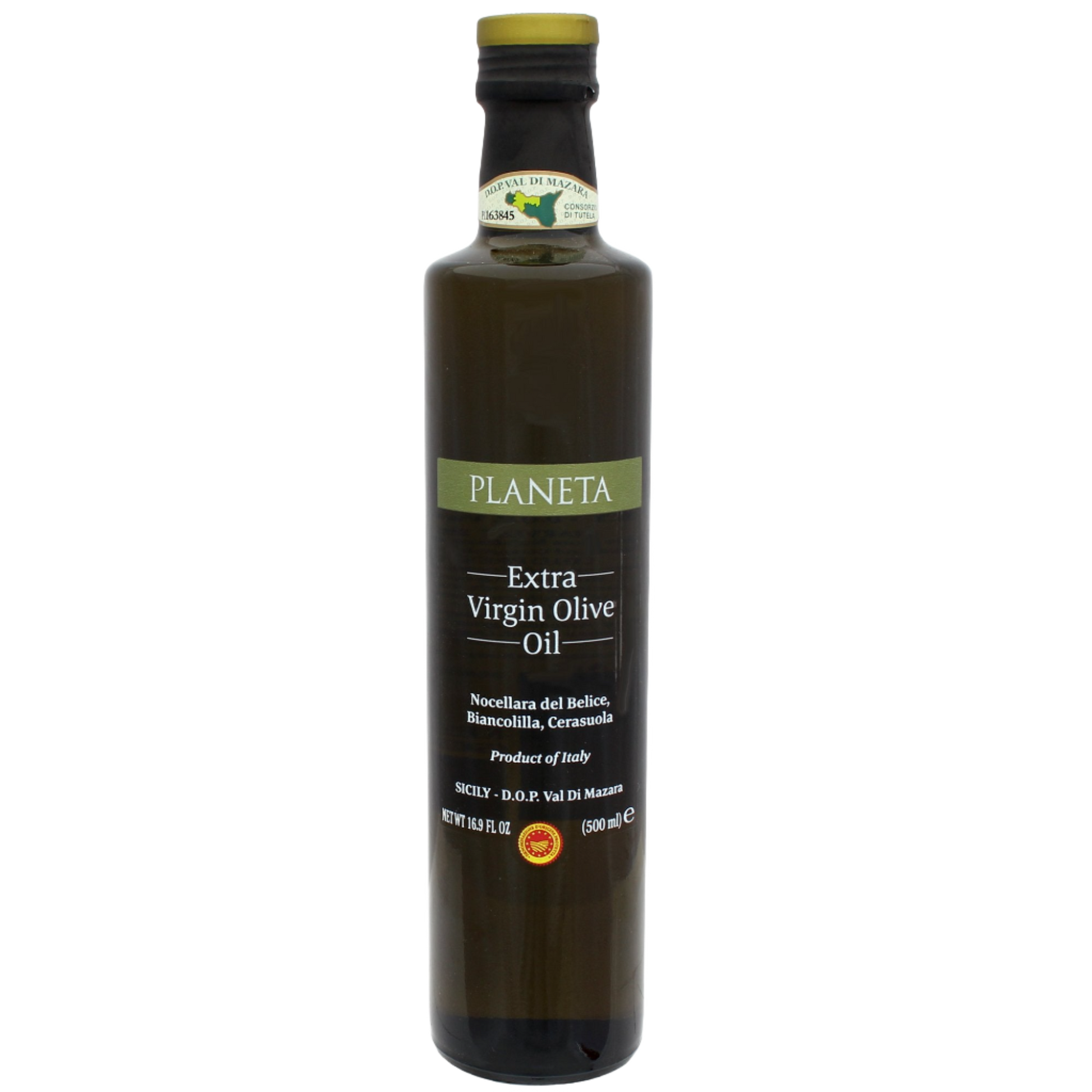 A bottle of Planeta Extra Virgin Olive Oil, DOP Val di Mazara, with a label indicating it is produced in Italy and has a capacity of 500ml.
