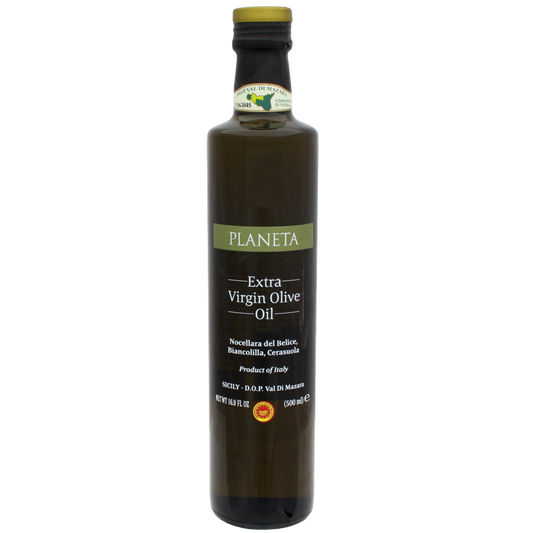A bottle of Planeta Extra Virgin Olive Oil, DOP Val di Mazara, with a label indicating it is produced in Italy and has a capacity of 500ml.
