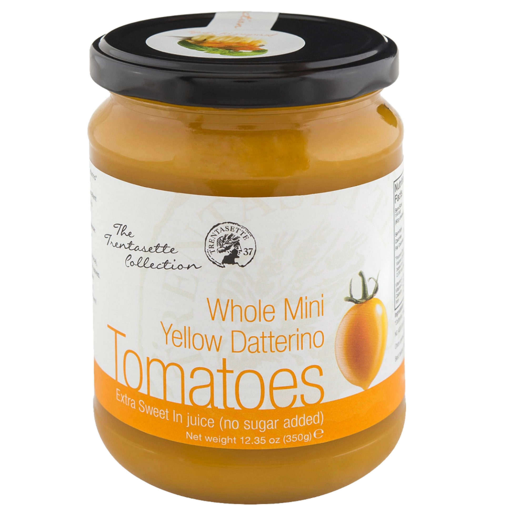 A jar of Yellow Datterino Tomato in Juice with the label showing the product name and a illustration of a tomato. The jar is part of The Fruit’s Collection.