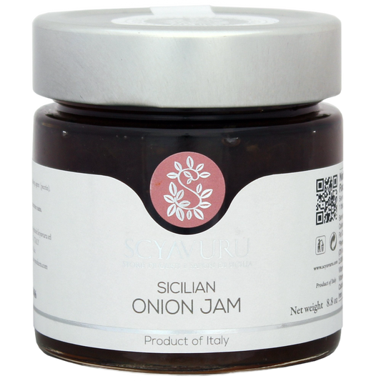 A jar of Scyavuru brand Sicilian Onion Jam with the label displaying the product name and a symbol indicating the product of Italy.