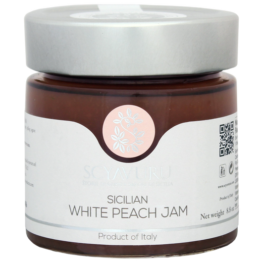 A jar of Scyavuru White Peach Jam with a label indicating it is a product of Italy, net weight 250g.