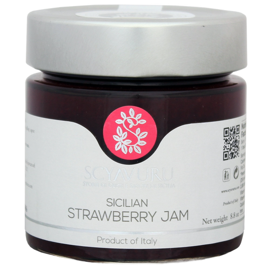 A jar of Sicilian Strawberry Jam with silver top in glass jar Product of Italy