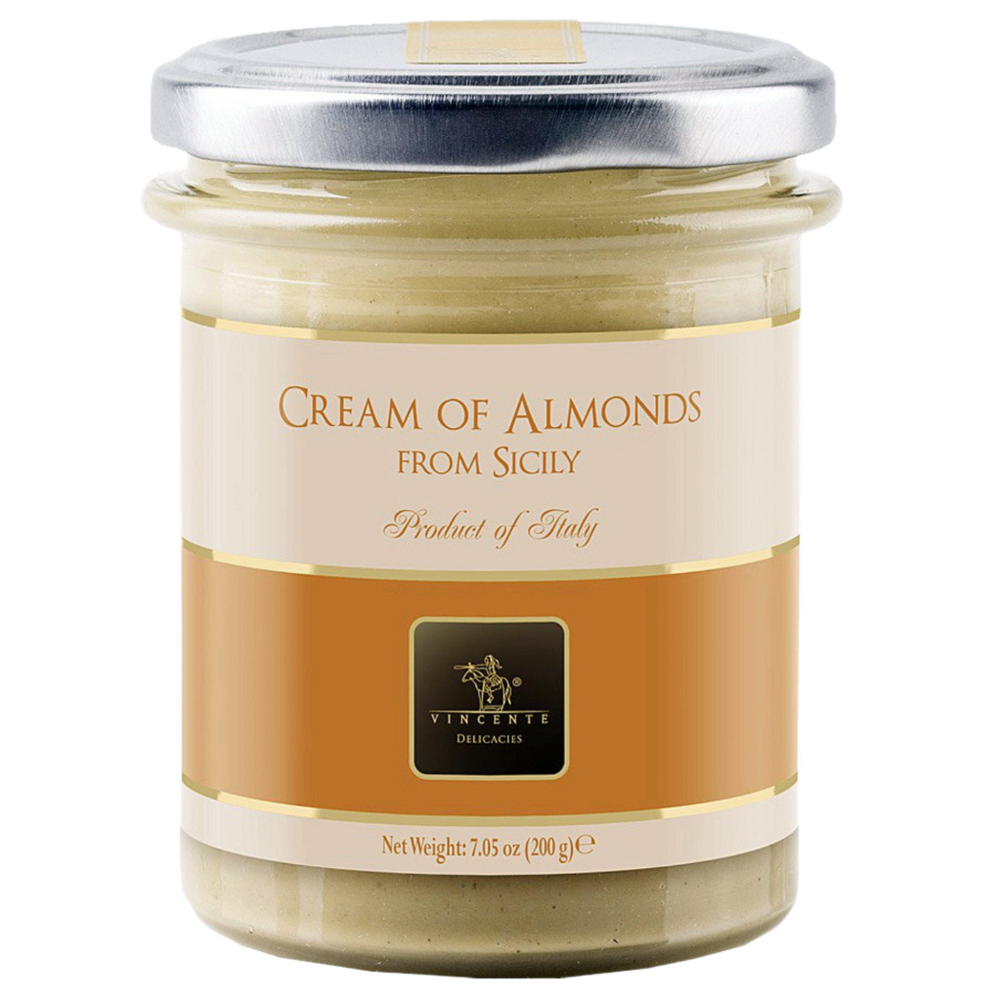 A jar of cream of almonds labeled 'Cream of Almonds from Sicily, Product of Italy'. The net weight is indicated as 200g.