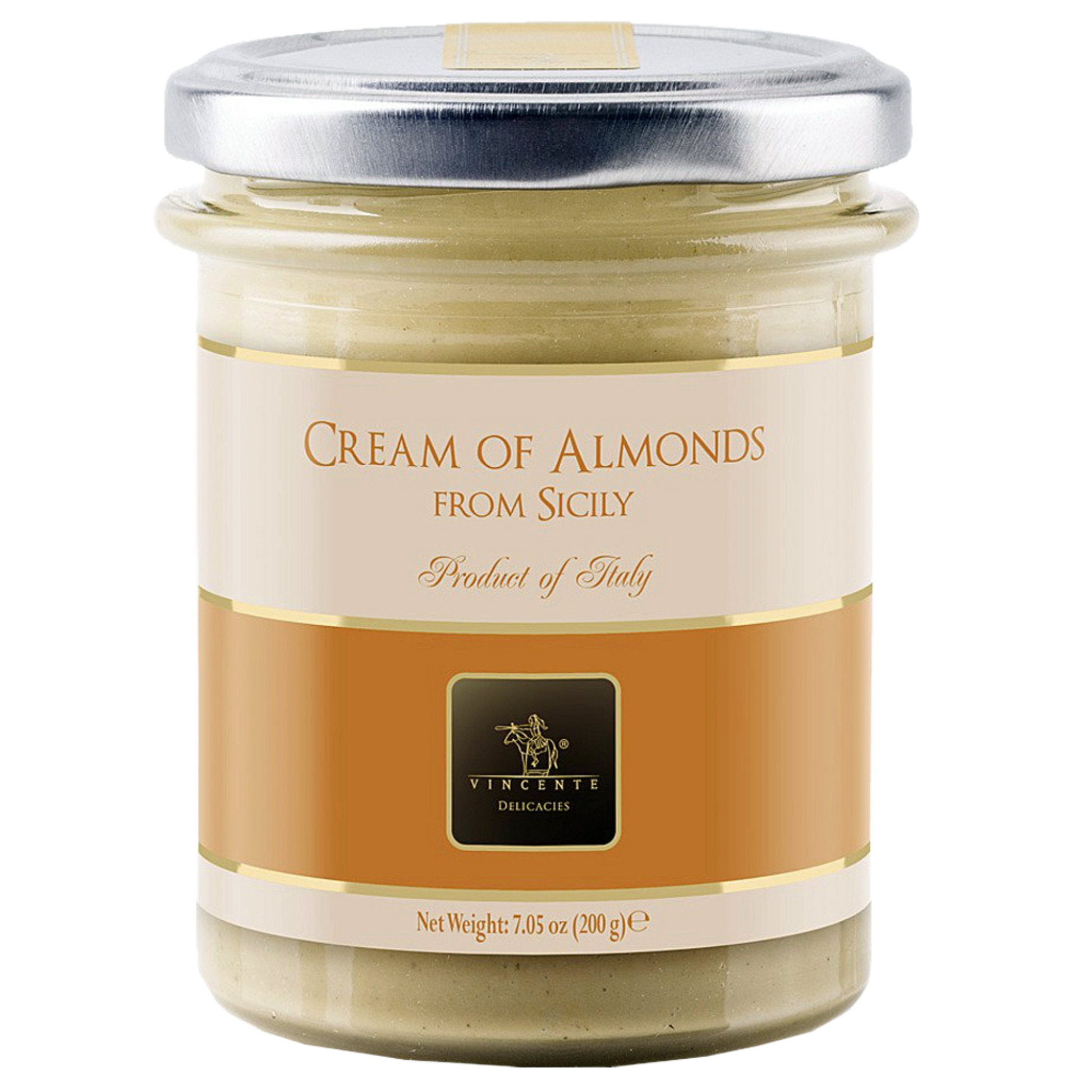 A jar of cream of almonds labeled 'Cream of Almonds from Sicily, Product of Italy'. The net weight is indicated as 200g.