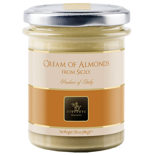 A jar of cream of almonds labeled 'Cream of Almonds from Sicily, Product of Italy'. The net weight is indicated as 200g.