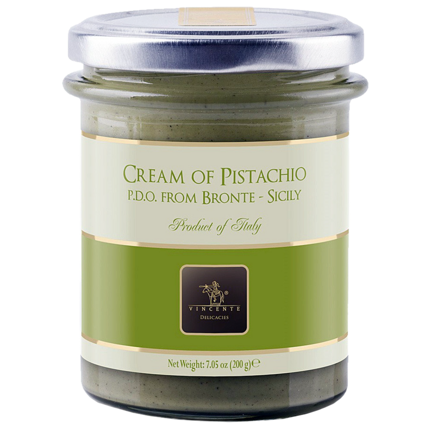 A jar of Vincente Cream of Pistachio, with a green label and the text 'PDO, from Bronte, Sicily - Product of Italy'.