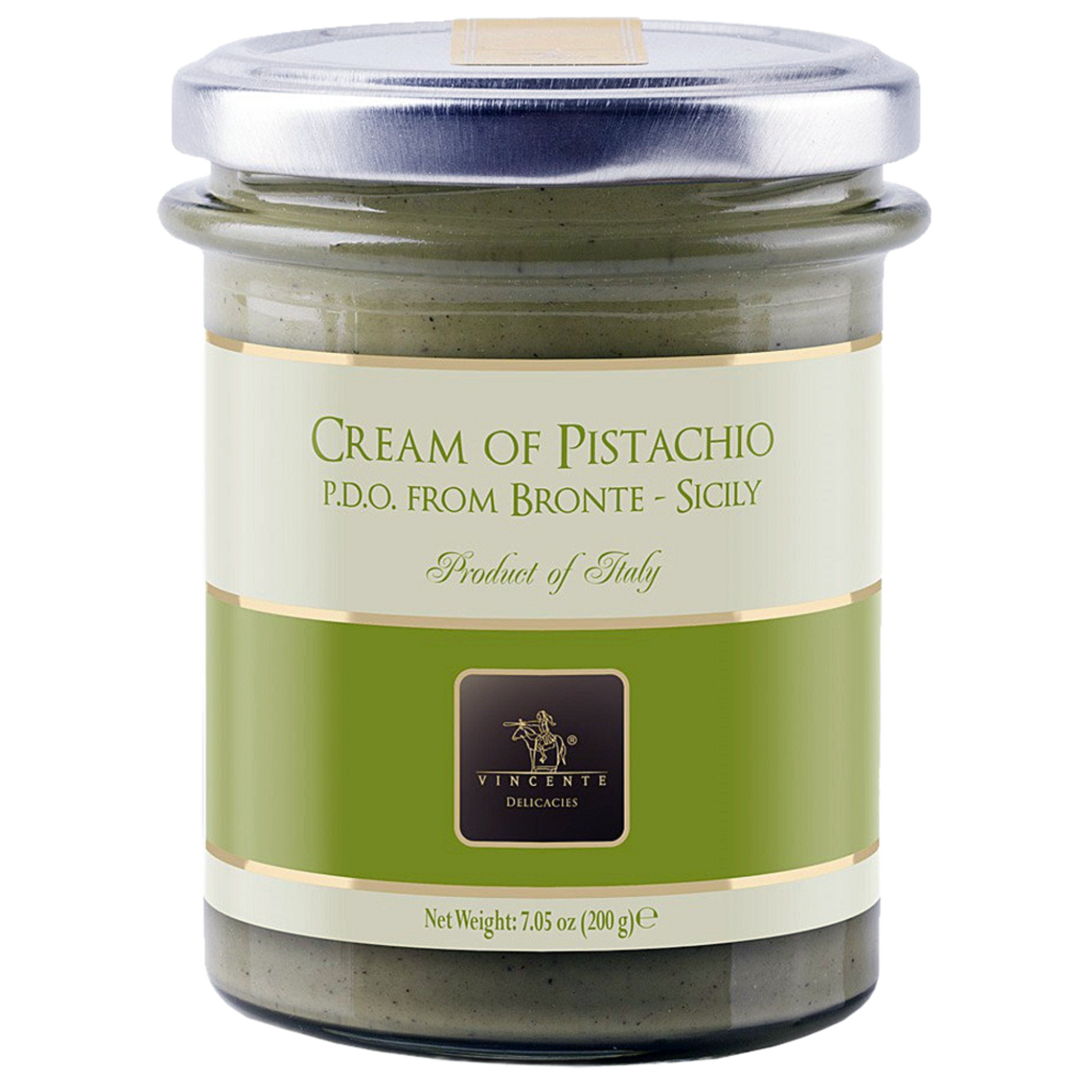A jar of Vincente Cream of Pistachio, with a green label and the text 'PDO, from Bronte, Sicily - Product of Italy'.