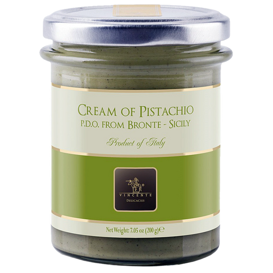 A jar of Vincente Cream of Pistachio, with a green label and the text 'PDO, from Bronte, Sicily - Product of Italy'.