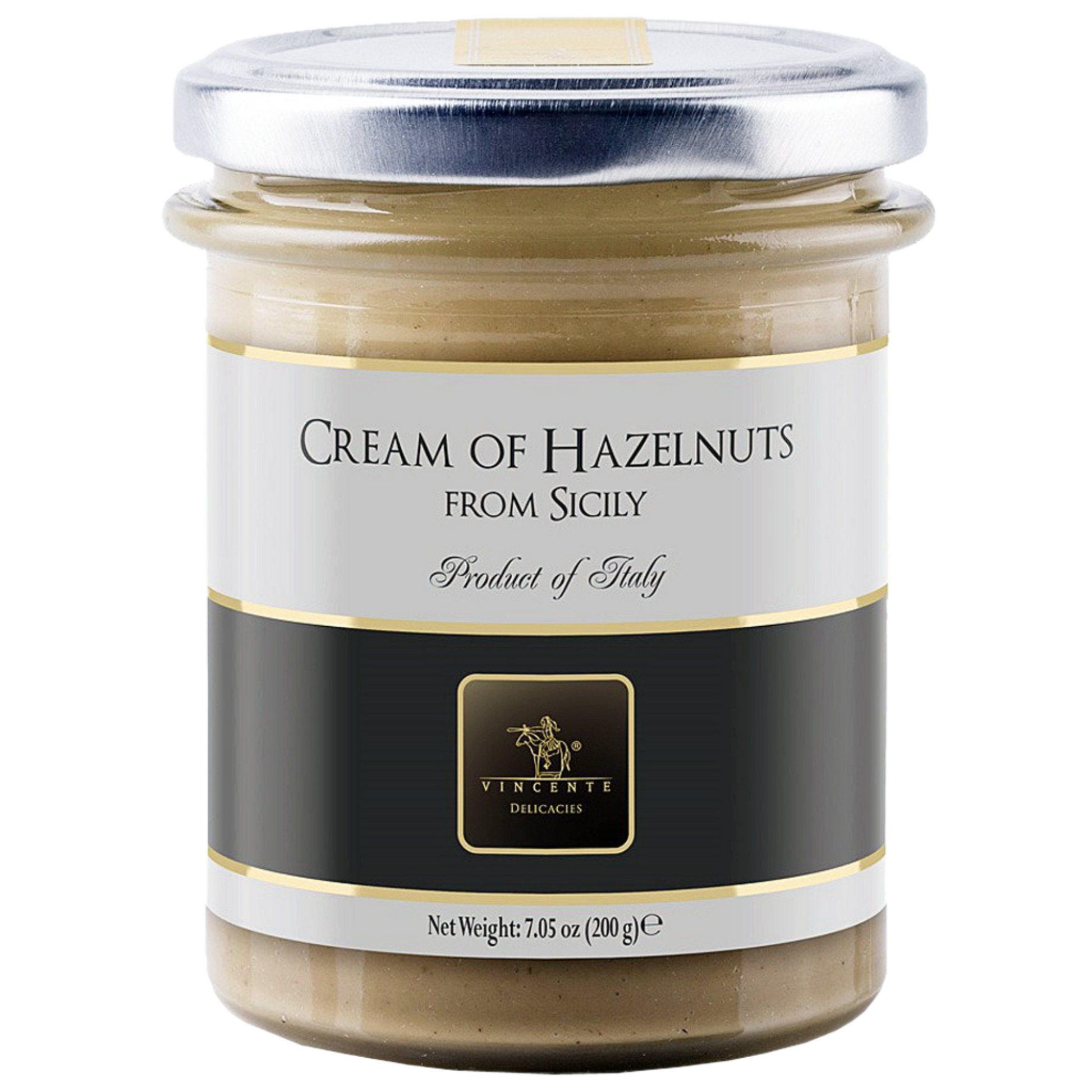 A jar of Vincente Cream of Hazelnuts from Sicily. The label is in black and gold with a clear window showing the cream inside.
