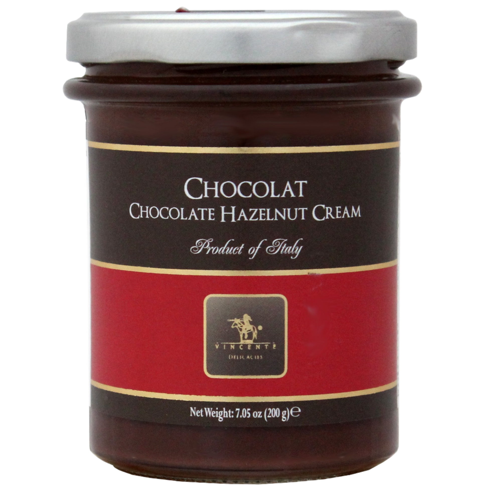 A jar of chocolate hazelnut cream labeled 'Chocolate Hazelnut Cream, Product of Italy, Net Weight 200g.'