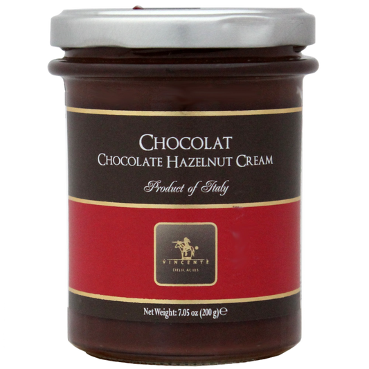 A jar of chocolate hazelnut cream labeled 'Chocolate Hazelnut Cream, Product of Italy, Net Weight 200g.'
