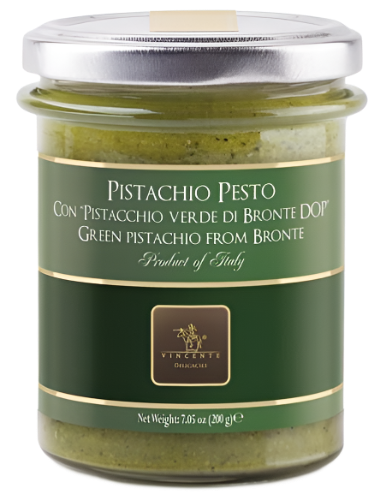 A jar of Pistachio Pesto by Vincente with a green label, indicating it is a product of Italy, and 200 grams in weight.