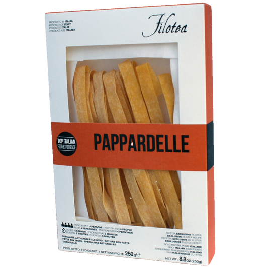 Packaging of Filotea Pappardelle Egg Pasta showing the pasta in a clear window, with red and white branding elements.