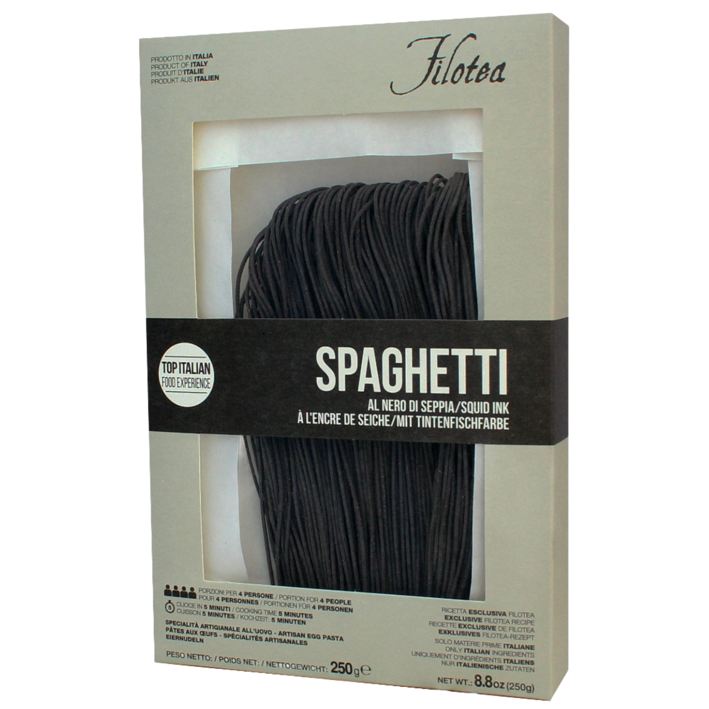 Packaging of Filotea Spaghetti with Squid Ink Egg Pasta, showing the pasta in a transparent window with a white and black design, emphasizing the product's name and weight of 250g.