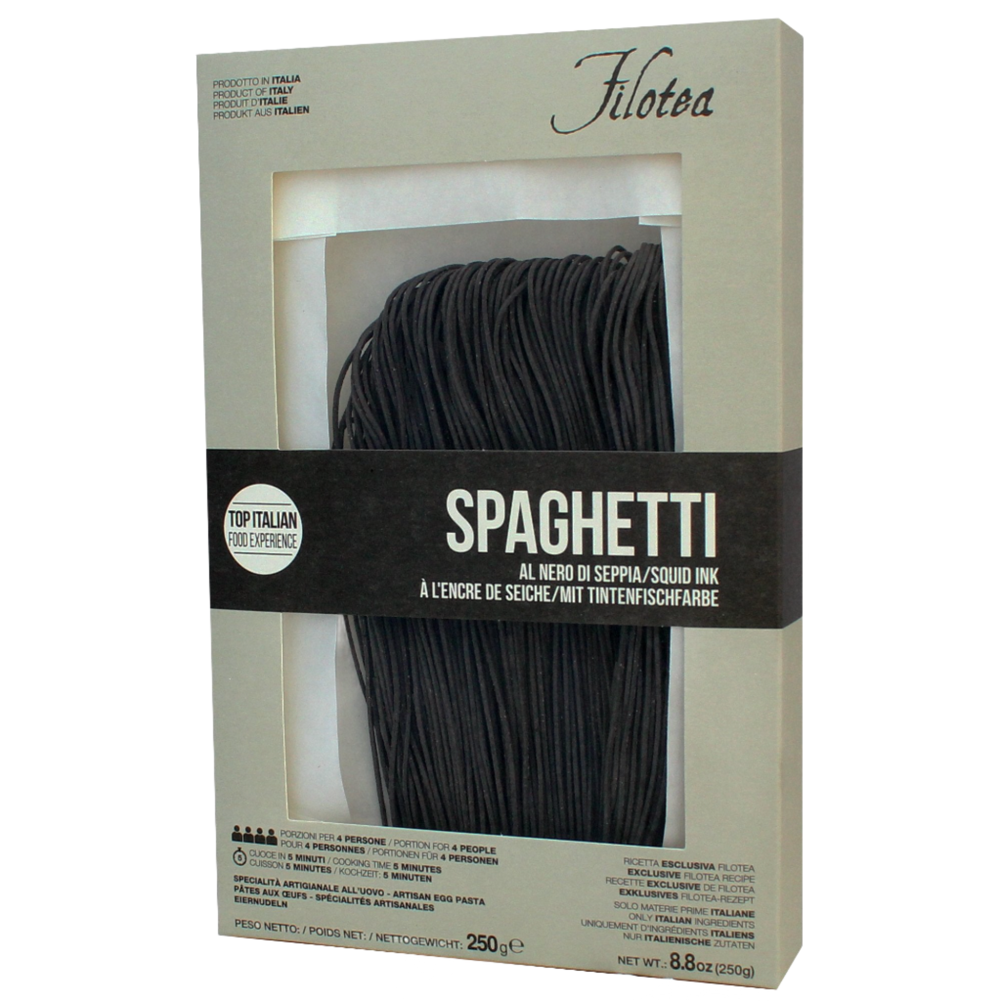 Packaging of Filotea Spaghetti with Squid Ink Egg Pasta, showing the pasta in a transparent window with a white and black design, emphasizing the product's name and weight of 250g.