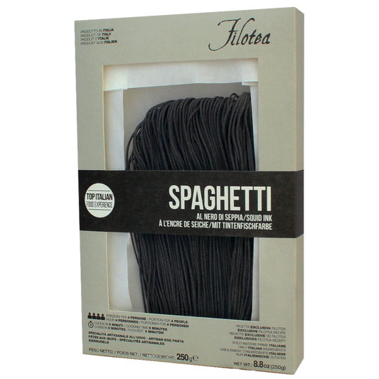 Packaging of Filotea Spaghetti with Squid Ink Egg Pasta, showing the pasta in a transparent window with a white and black design, emphasizing the product's name and weight of 250g.