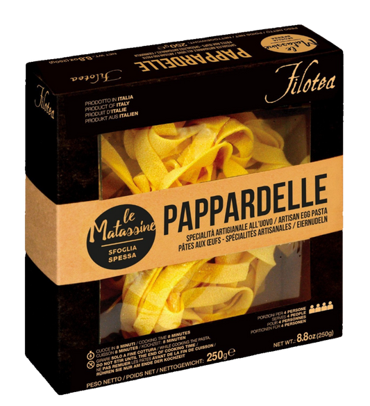 Packaging of Filotea Pappardelle Nests Egg Pasta, showing the pasta in a clear window and the brand's logo.