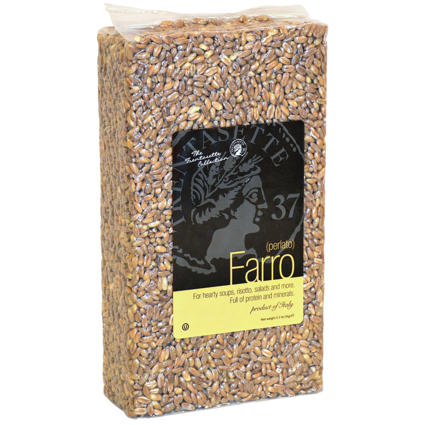 Packaged Farro grains in a clear plastic bag with a black and yellow label displaying the product name and weight.