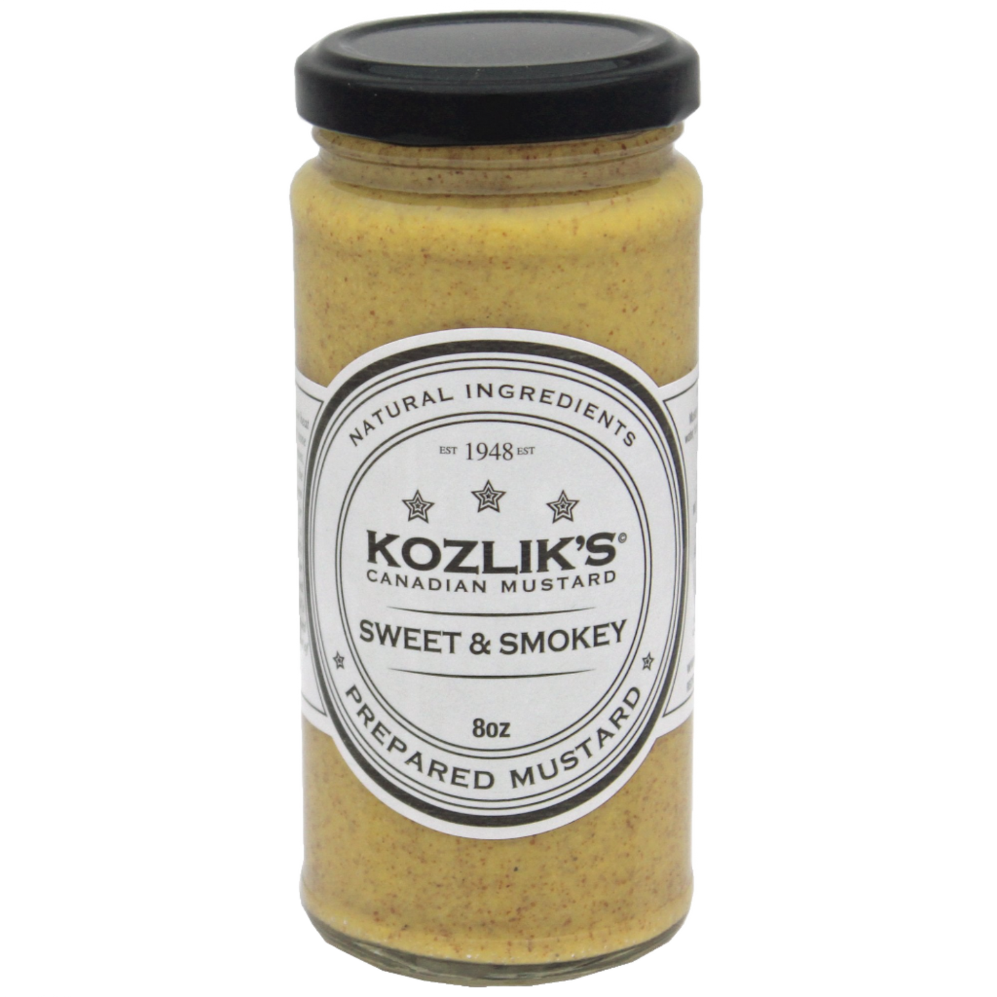 A jar of Kozlik's Sweet & Smokey Mustard with a label indicating that it is a prepared mustard. hot spicy grainy canadian mustard