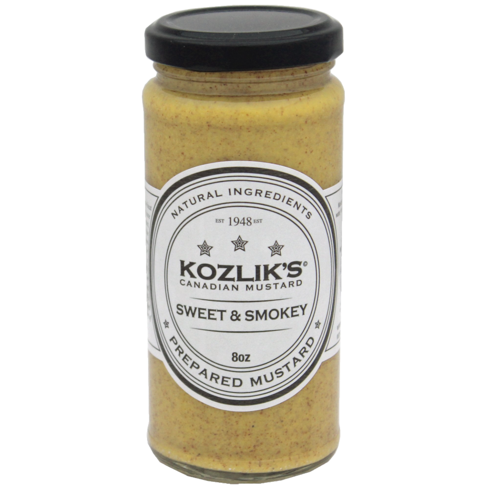 A jar of Kozlik's Sweet & Smokey Mustard with a label indicating that it is a prepared mustard. hot spicy grainy canadian mustard