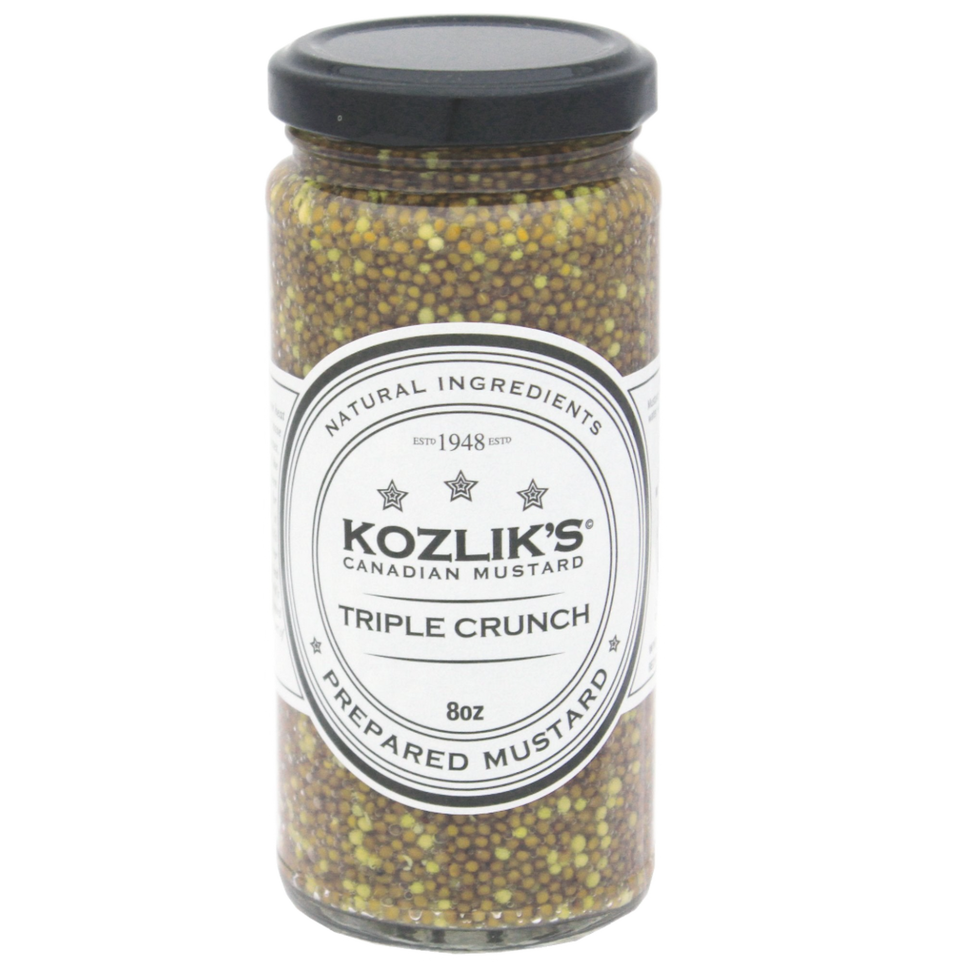 A jar of Kozlik's Canadian Mustard Triple Crunch with the label showing the product name and volume, 8oz (227gm).