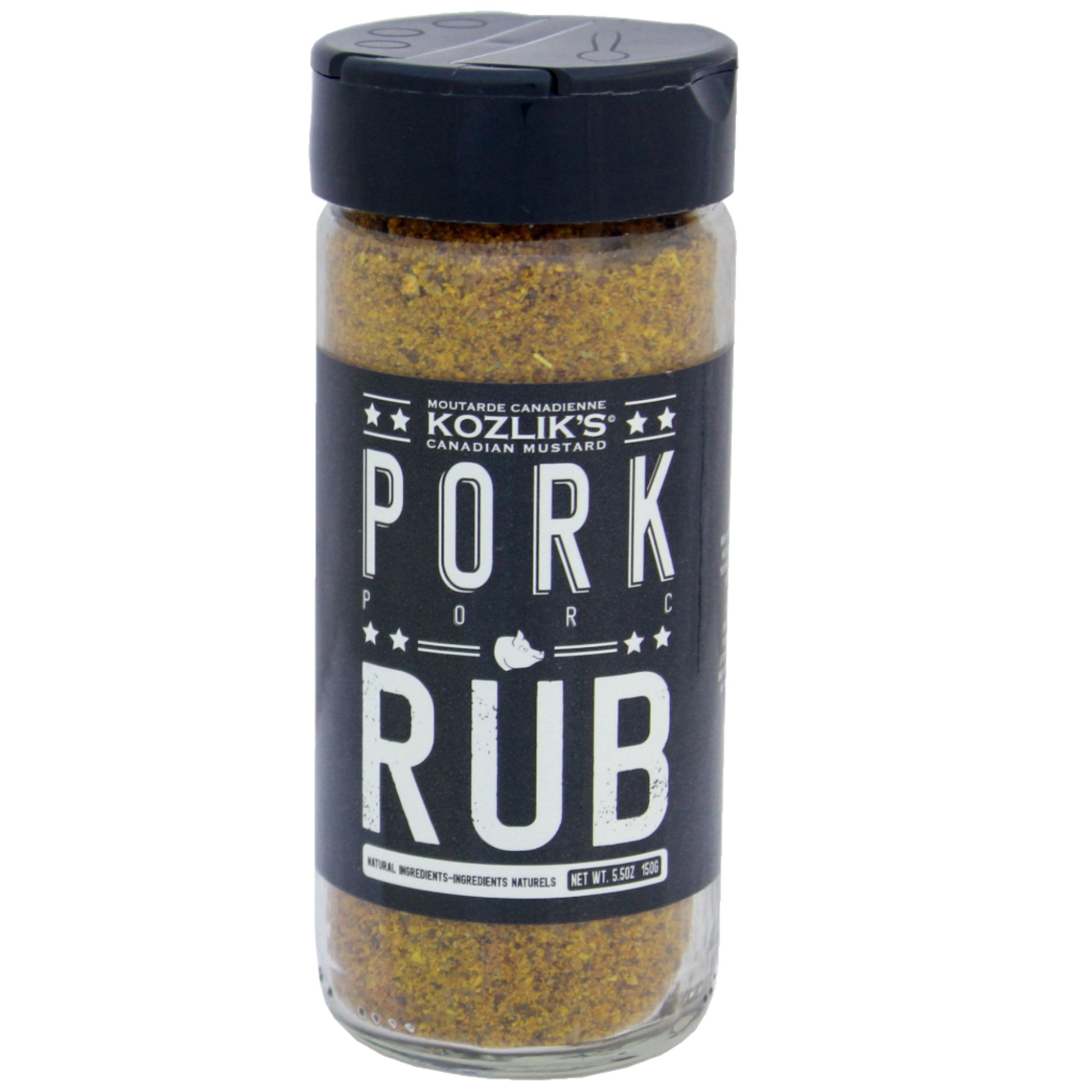 A bottle of Kozlik's Pork Rub seasoning with a black label and a clear view of the yellow-colored rub inside.