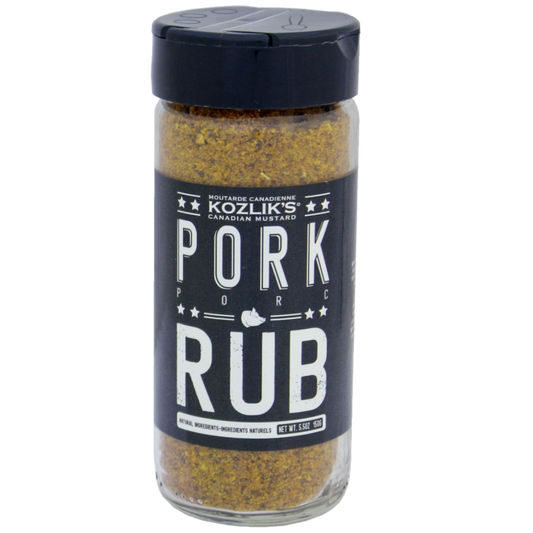 A bottle of Kozlik's Pork Rub seasoning with a black label and a clear view of the yellow-colored rub inside.