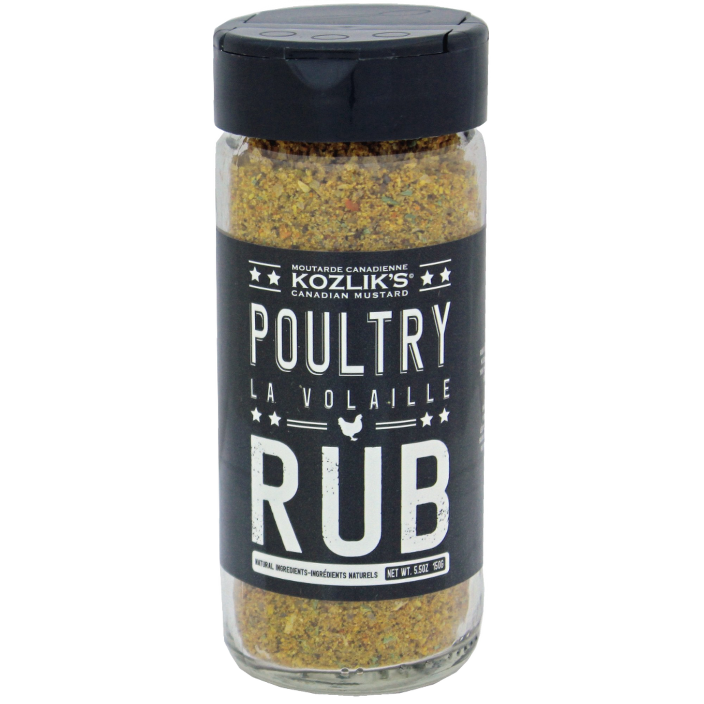 A bottle of Kozlik's Poultry Rub seasoning, with a clear view of the product's herbs and spices.