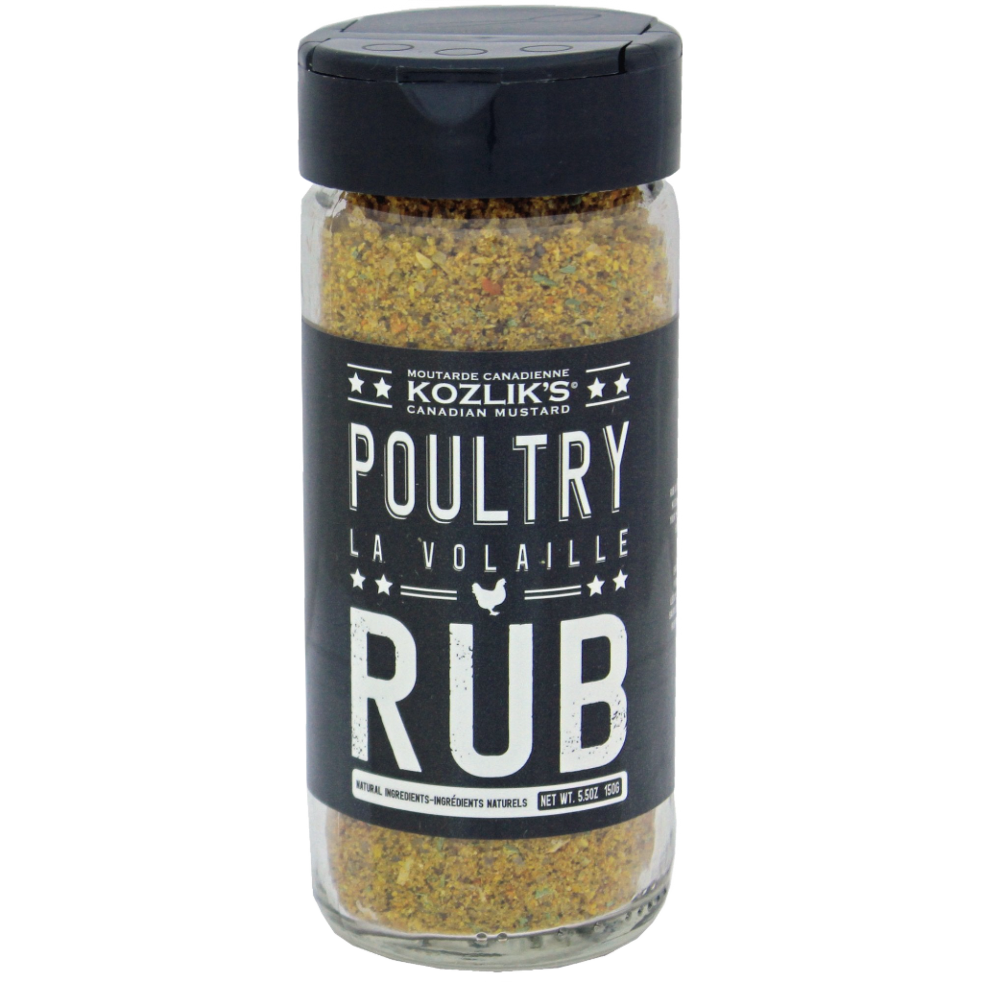A bottle of Kozlik's Poultry Rub seasoning, with a clear view of the product's herbs and spices.
