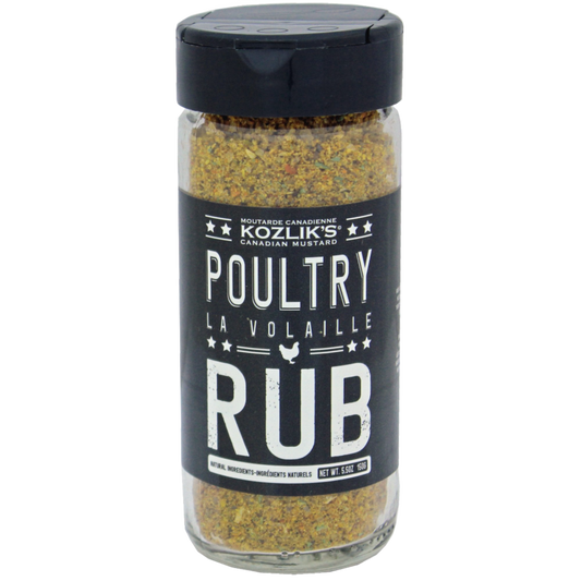 A bottle of Kozlik's Poultry Rub seasoning, with a clear view of the product's herbs and spices.