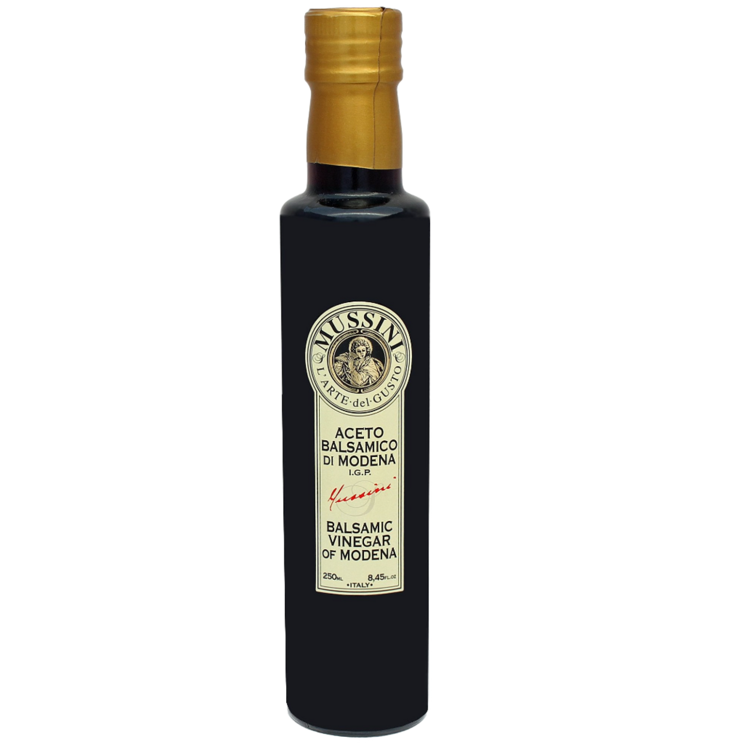 A bottle of Mussini Balsamic Vinegar with a label indicating it is a 2 year aged product, 8.5oz (250ml).