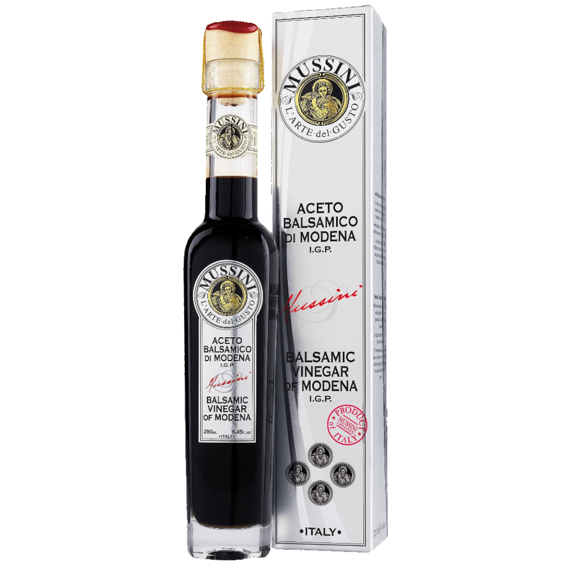 A bottle of Mussini Balsamic Vinegar di Modena with a white label, red cap, and branding details, placed next to its packaging box.