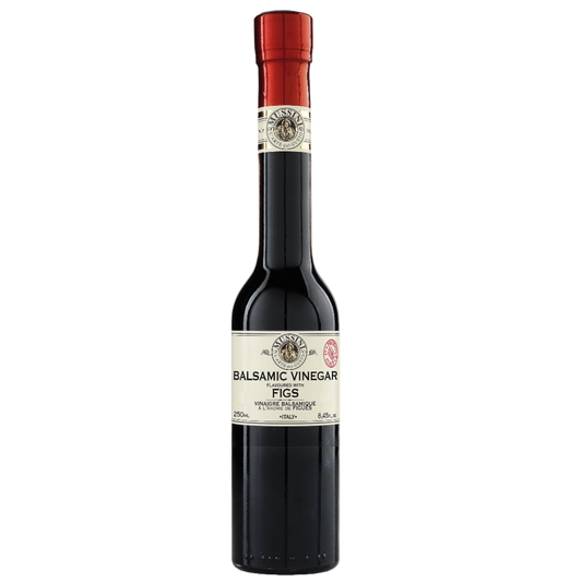 A bottle of Balsamic Vinegar labeled 'Fig Flavored Balsamic Vinegar' by Mussini, 250ml.