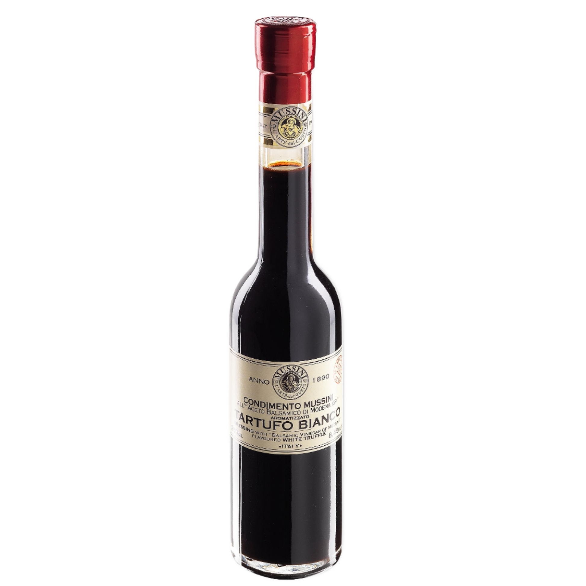 A bottle of Mussini White Truffle Flavored Balsamic Vinegar with a red cap on a white background.