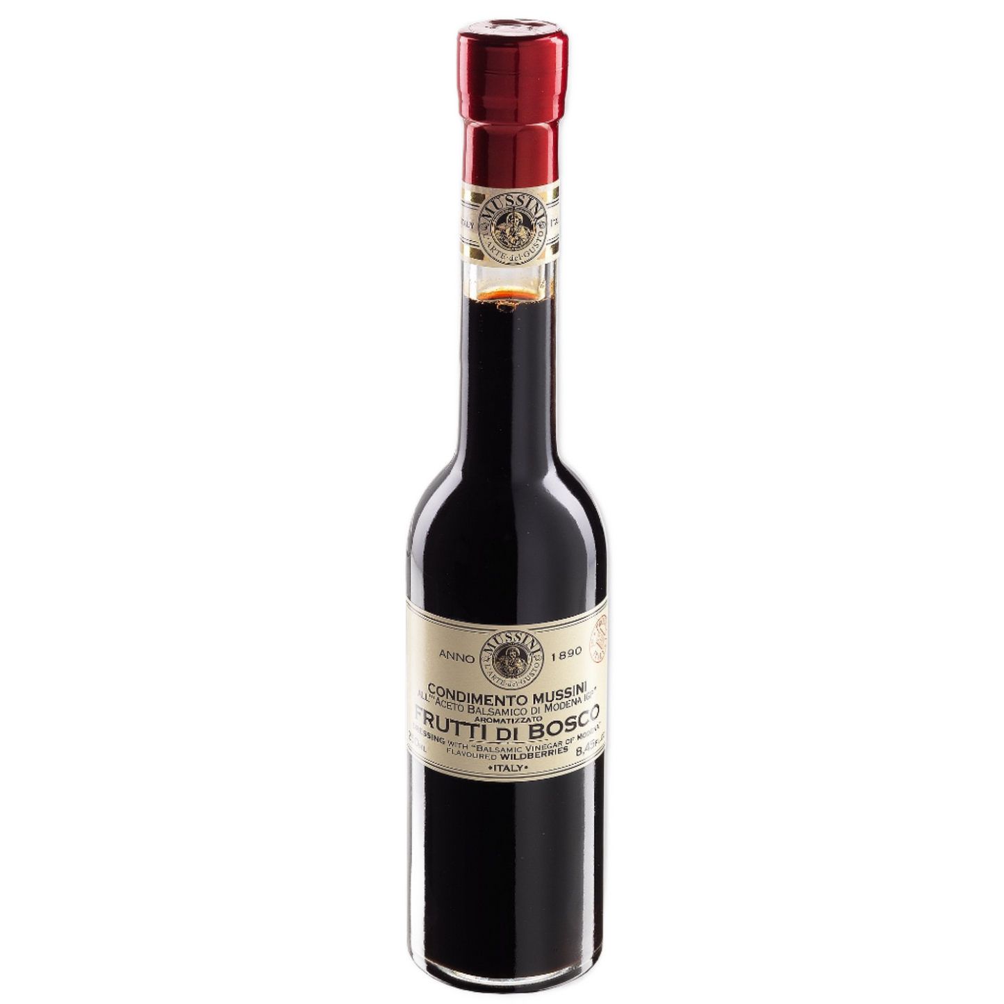 A bottle of Mussini Wildberry Flavored Balsamic Vinegar with a red cap, labeled with the brand and product name.
