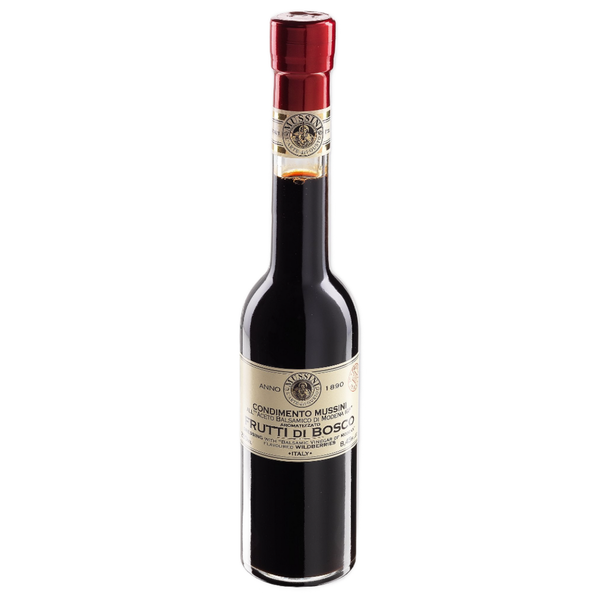 A bottle of Mussini Wildberry Flavored Balsamic Vinegar with a red cap, labeled with the brand and product name.