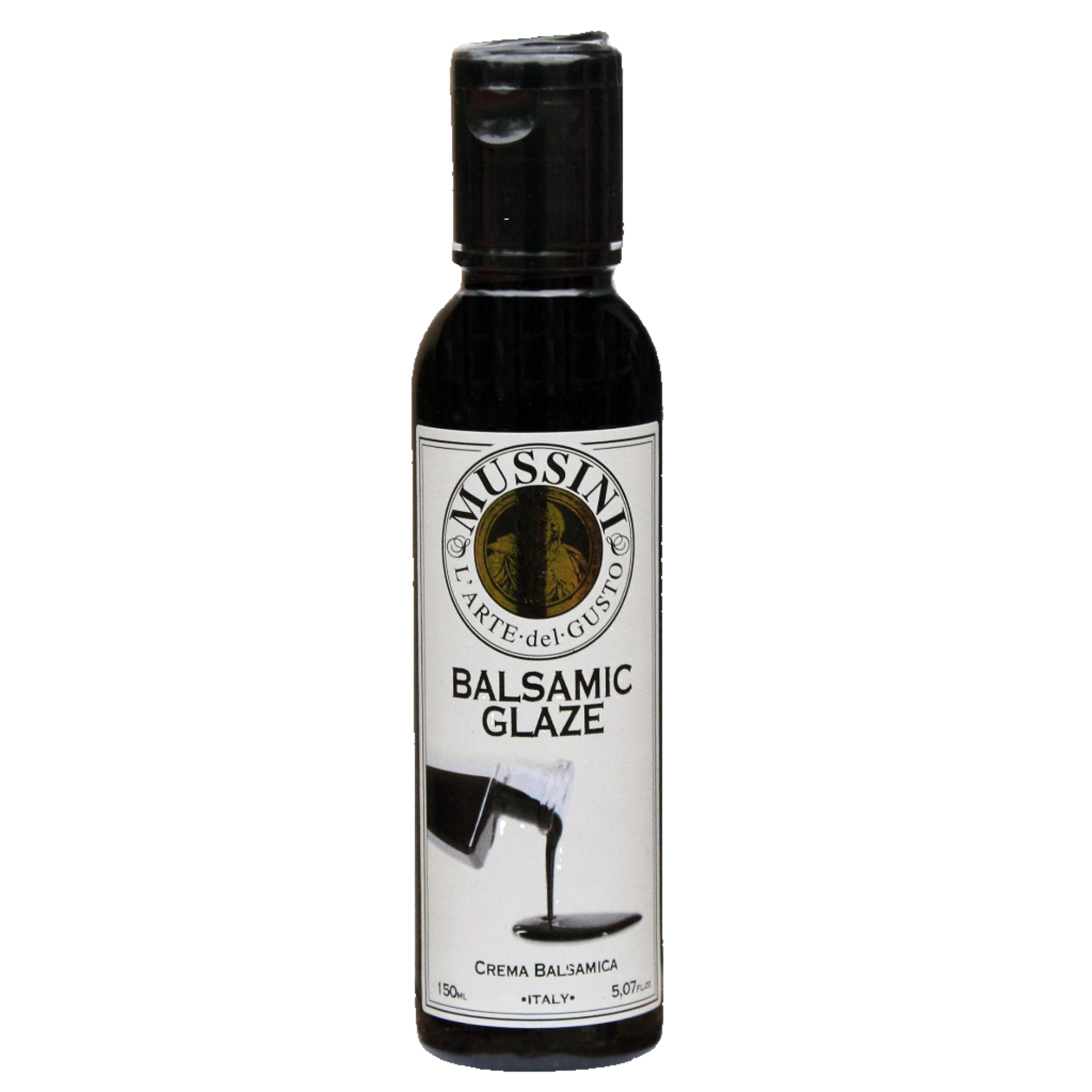 Bottle of Mussini Art & Guest Dark Balsamic Glaze with a label showing the product name and a small cup with a swirl of dark balsamic glaze.