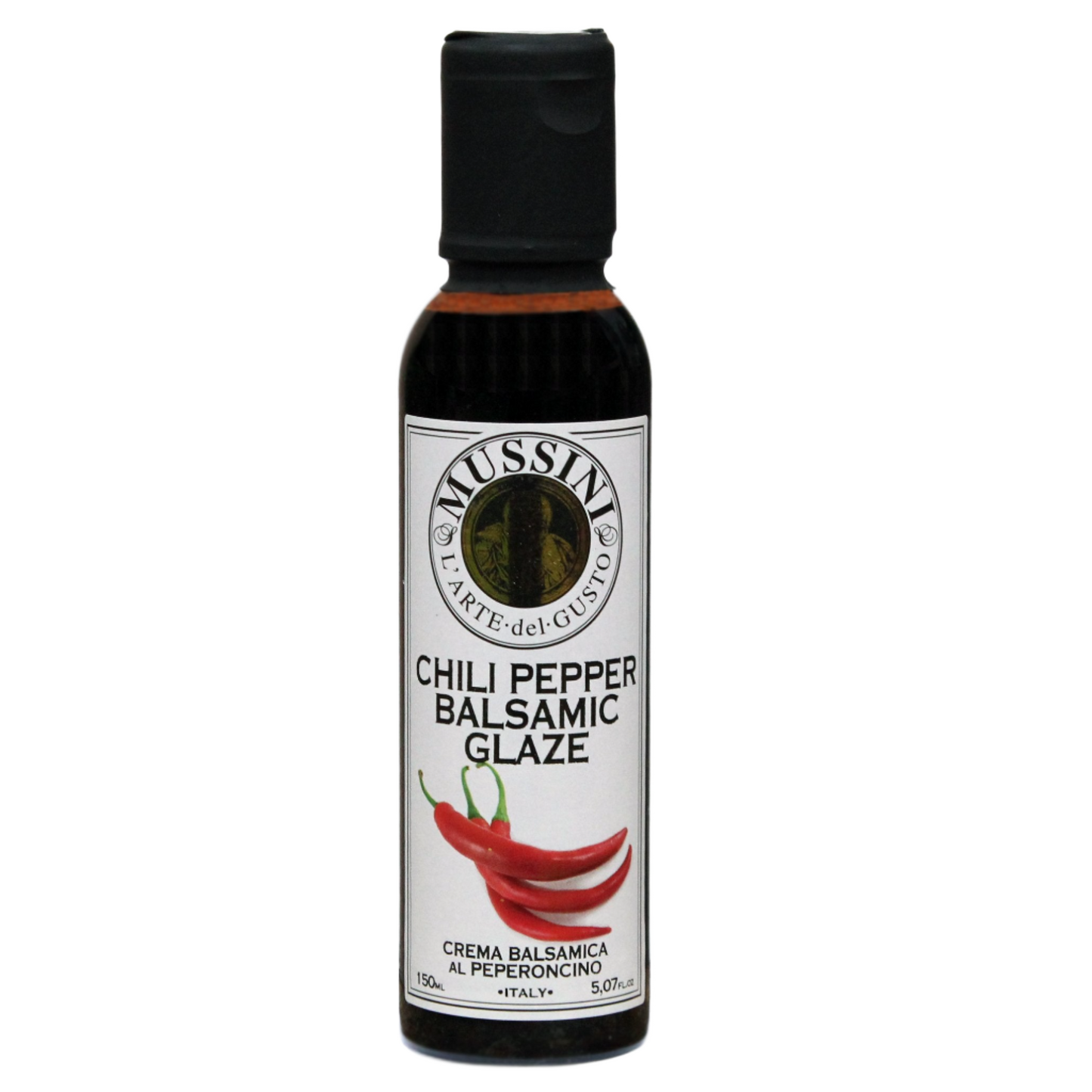 Bottle of Mussini Chili Pepper Balsamic Glaze with a label showing the product name and an image of a chili pepper.