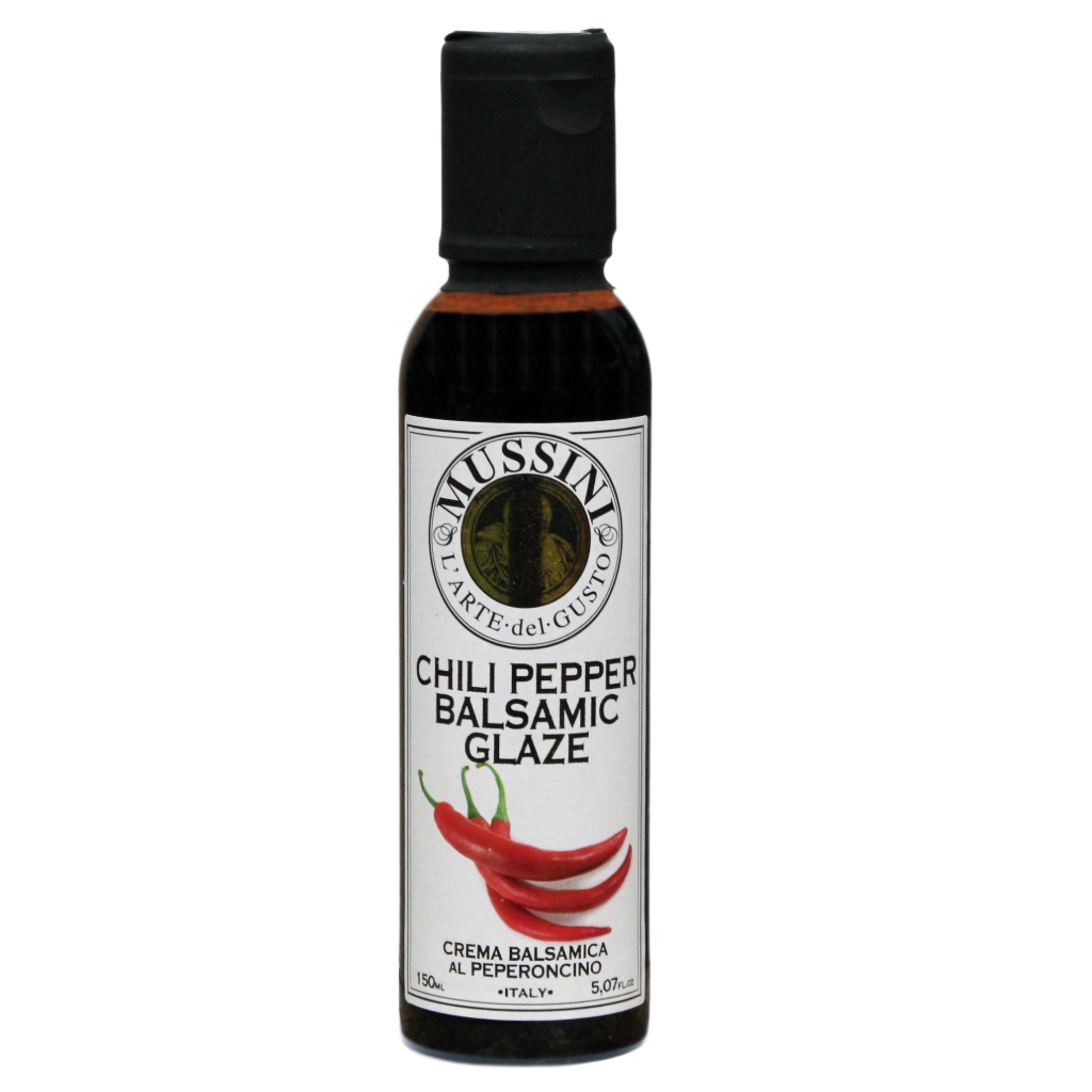 Bottle of Mussini Chili Pepper Balsamic Glaze with a label showing the product name and an image of a chili pepper.