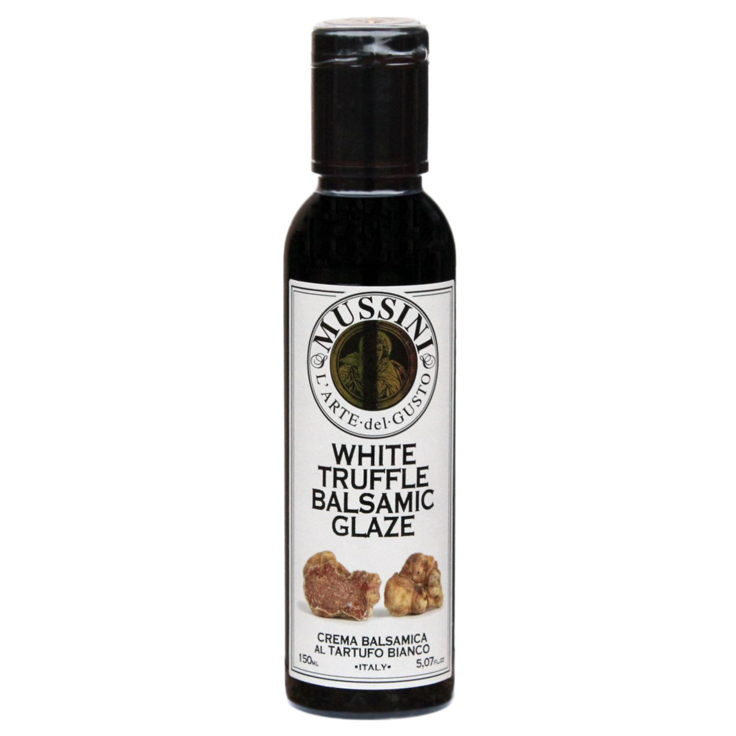 Bottle of Mussini White Truffle Balsamic Glaze with the label showing the product name and an image of truffles.