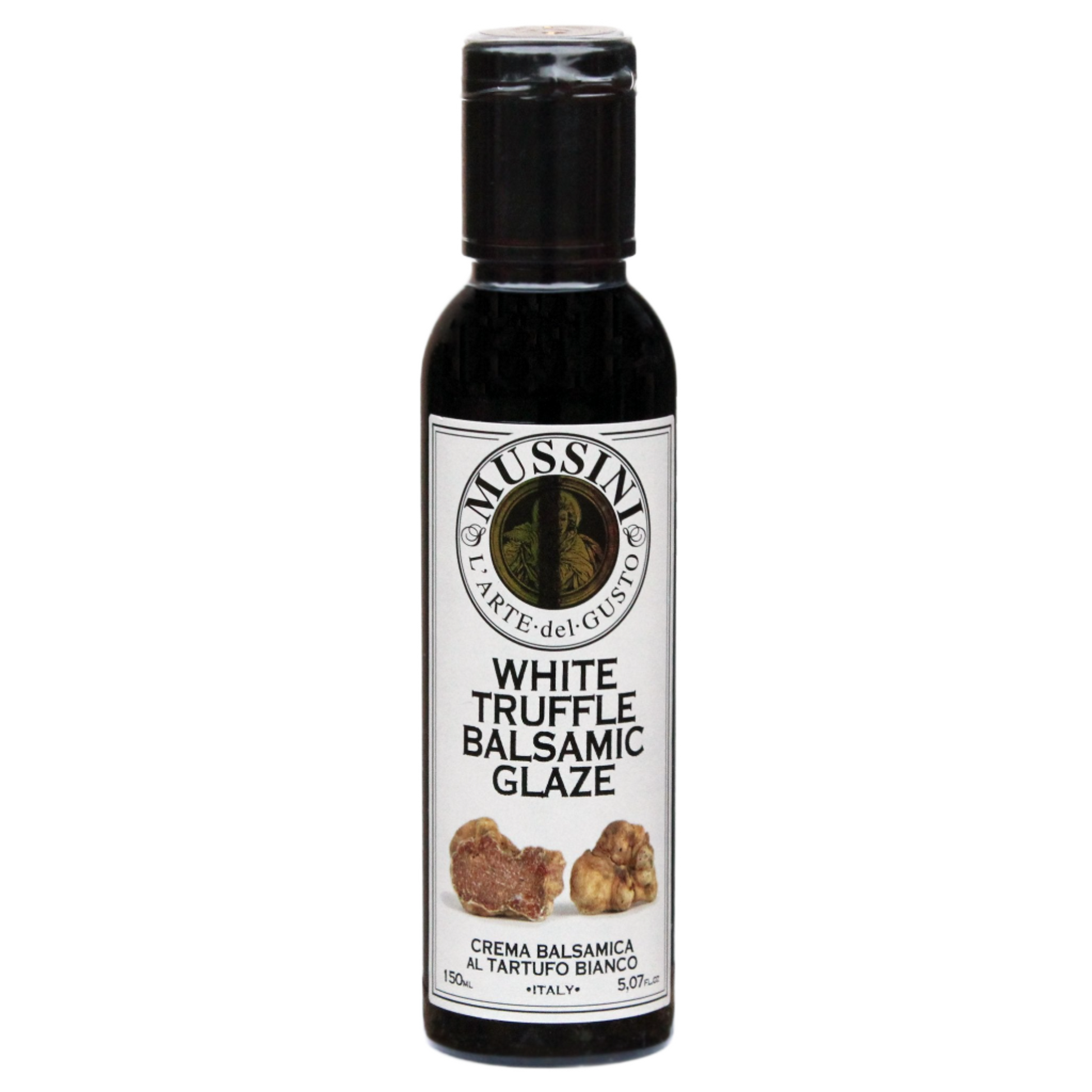 Bottle of Mussini White Truffle Balsamic Glaze with the label showing the product name and an image of truffles.