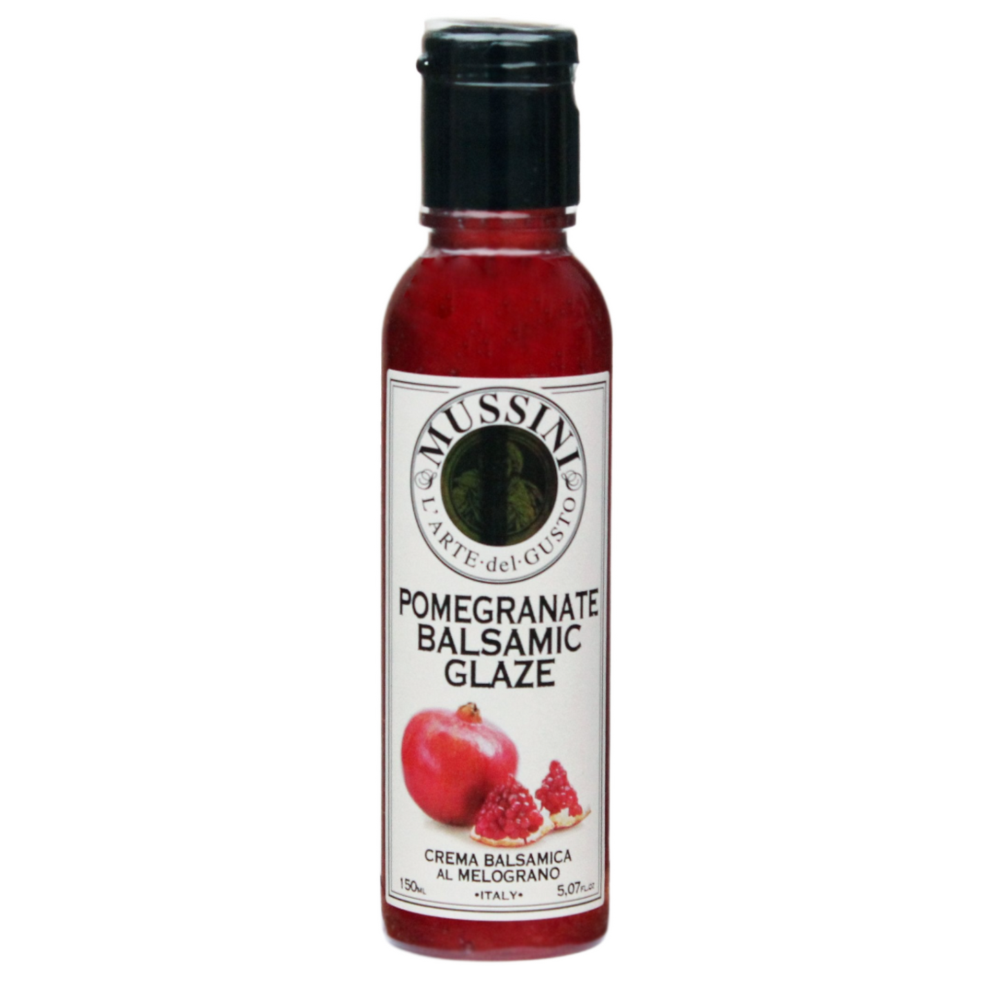 A bottle of Mussini pomegranate balsamic glaze with a label showing an image of a pomegranate and text describing the product as a cream of balsamic al melamato.