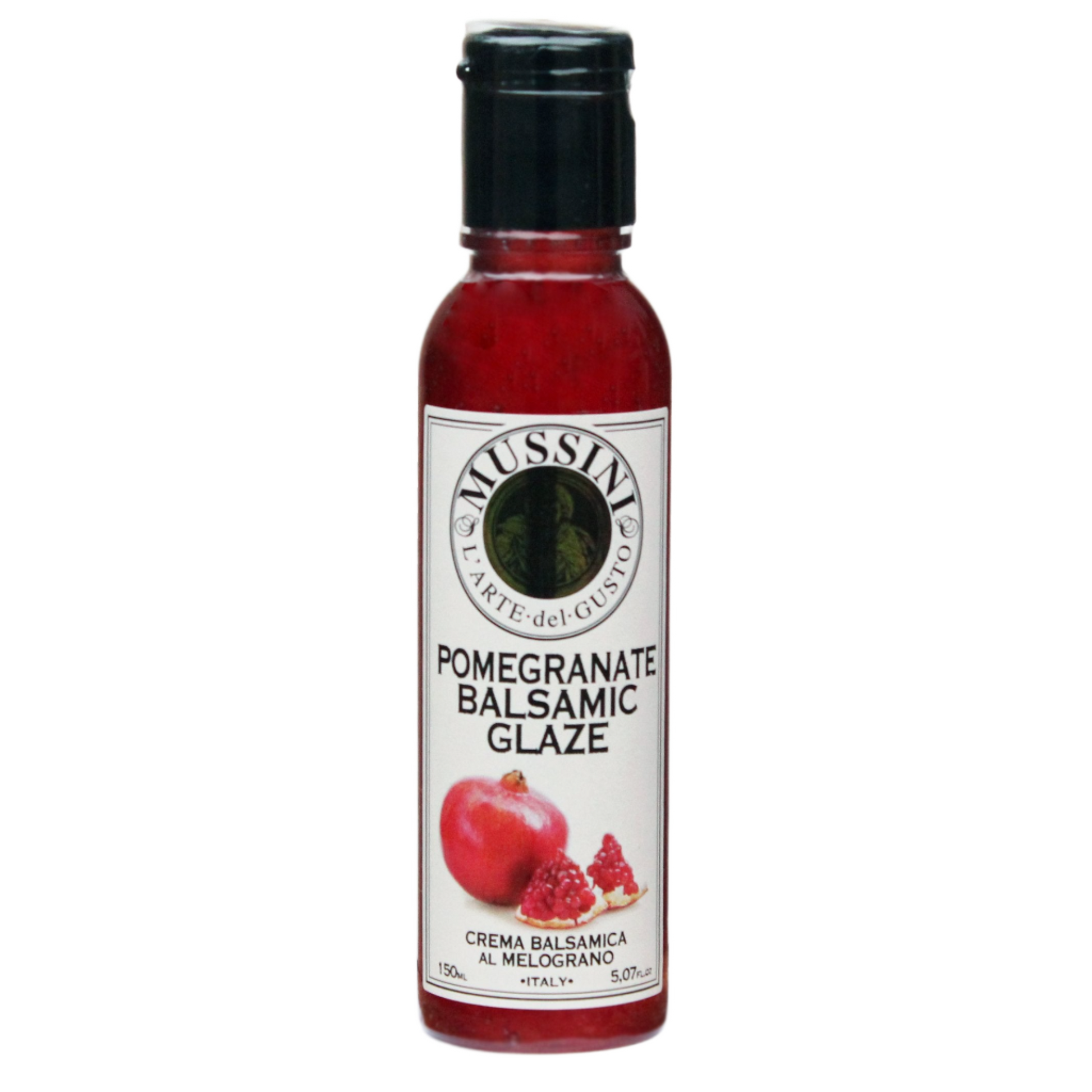 A bottle of Mussini pomegranate balsamic glaze with a label showing an image of a pomegranate and text describing the product as a cream of balsamic al melamato.