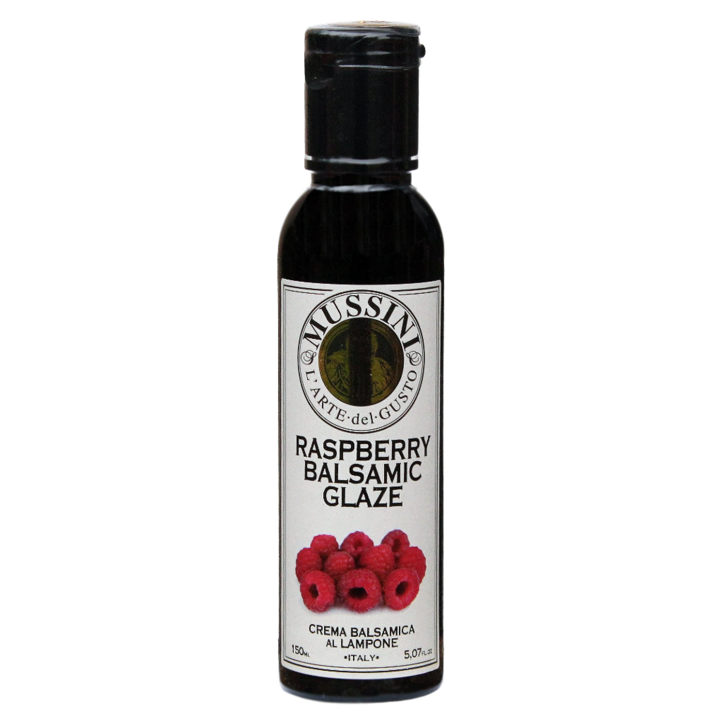 Bottle of Mussini Raspberry Balsamic Glaze with a label showing raspberries and text indicating the flavor and product size of 5.1oz (150ml).