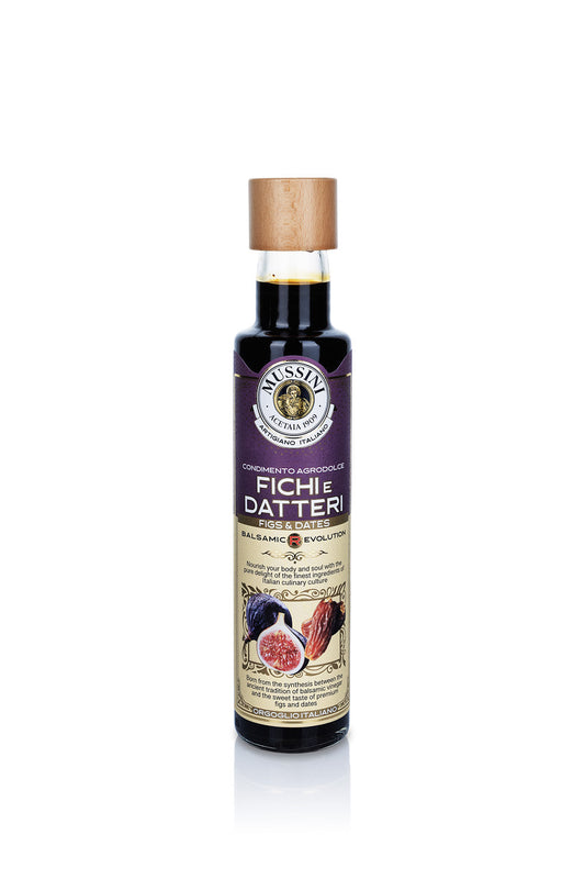 Bottle of 'Fichi e Datteri' Fig and Date Balsamic Vinegar with a wooden cap on a white background
